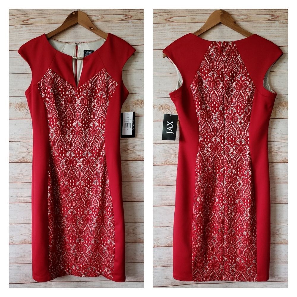 JAX Sequin Lace Panel Sleeveless Sheath Stretchy Dress Red Women's Size 8
